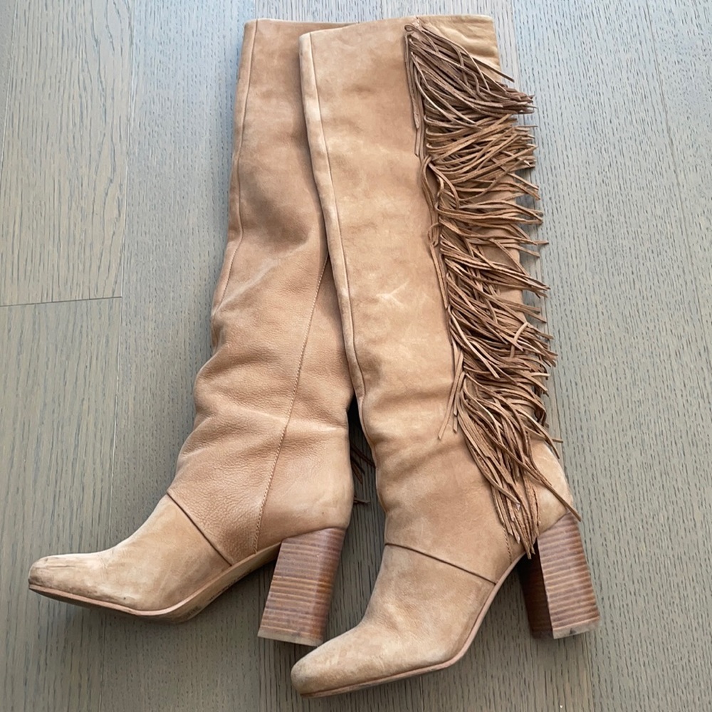 Fringed suede knee high boots